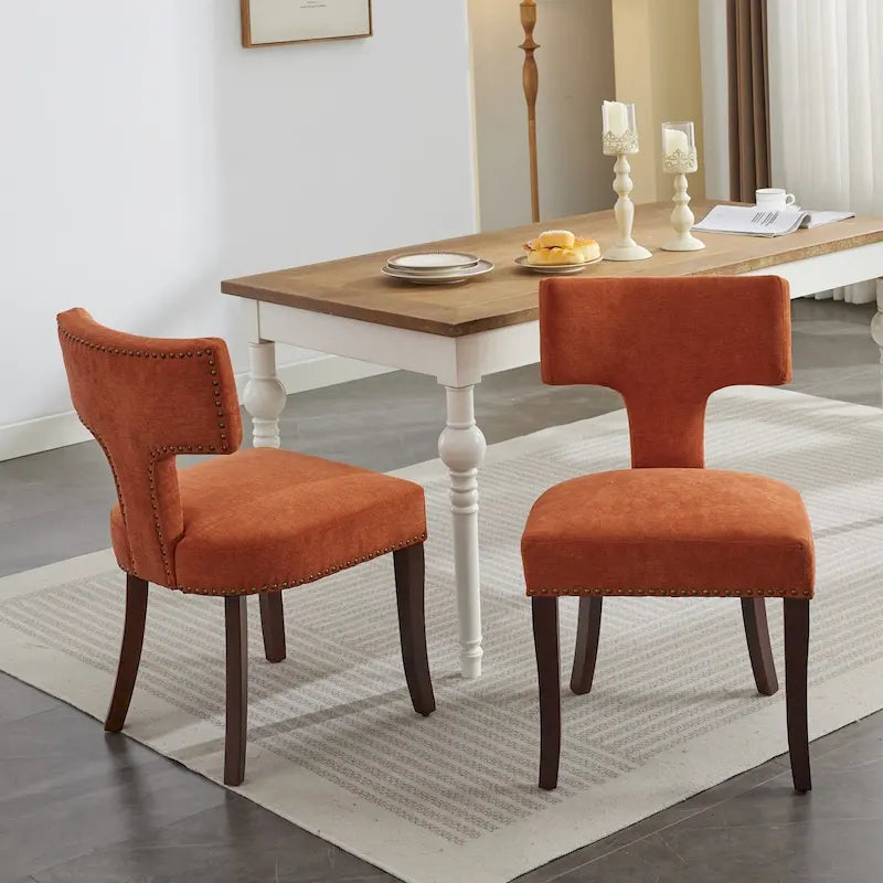 Lot de 2 Chaises de Salle à Manger Modernes, Chaise d'Appoint Rembourrée en Tissu Lin avec Dossier Incurvé et Structure en Bois d'Hévéa