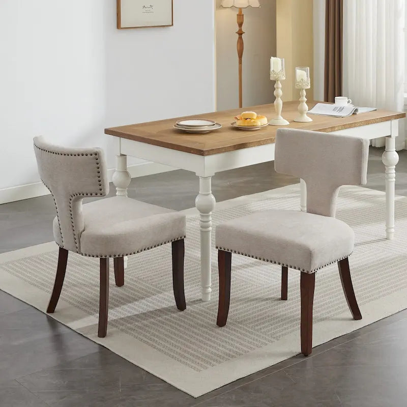 Lot de 2 Chaises de Salle à Manger Modernes, Chaise d'Appoint Rembourrée en Tissu Lin avec Dossier Incurvé et Structure en Bois d'Hévéa