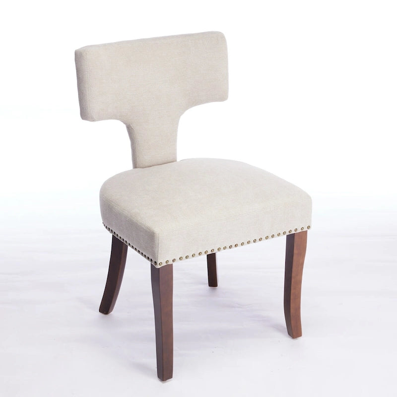 Lot de 2 Chaises de Salle à Manger Modernes, Chaise d'Appoint Rembourrée en Tissu Lin avec Dossier Incurvé et Structure en Bois d'Hévéa
