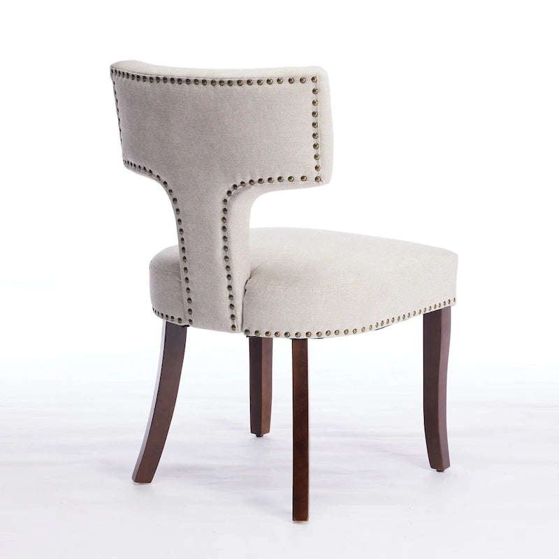 Lot de 2 Chaises de Salle à Manger Modernes, Chaise d'Appoint Rembourrée en Tissu Lin avec Dossier Incurvé et Structure en Bois d'Hévéa