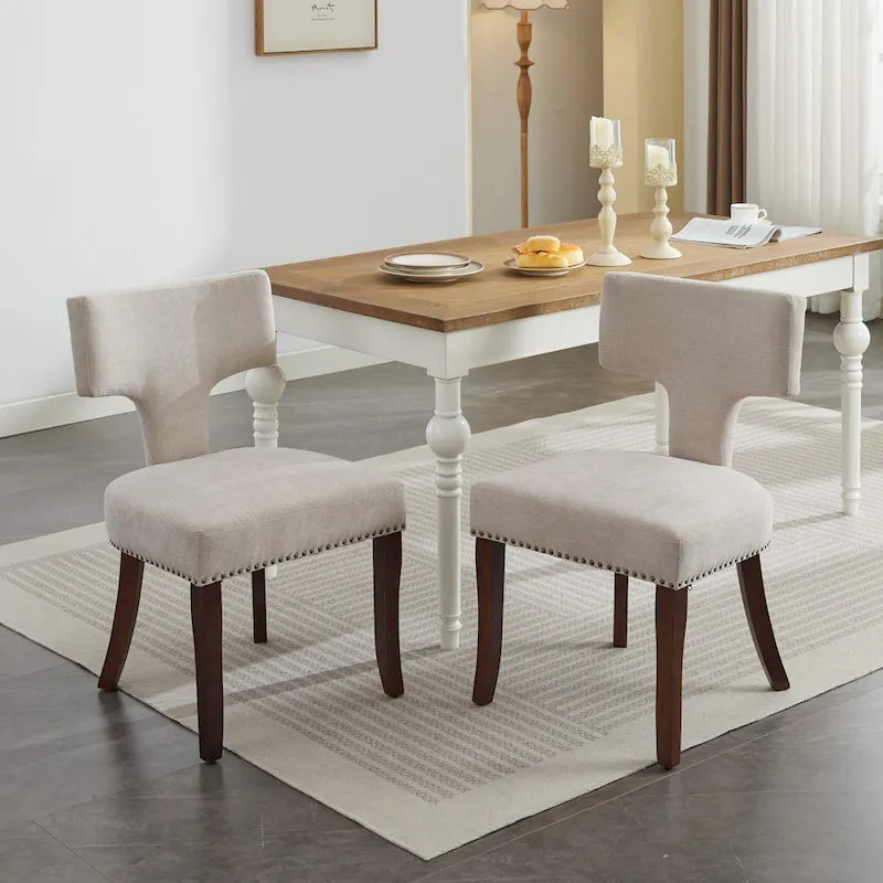 Lot de 2 Chaises de Salle à Manger Modernes, Chaise d'Appoint Rembourrée en Tissu Lin avec Dossier Incurvé et Structure en Bois d'Hévéa