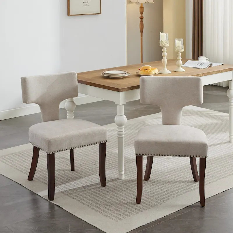 Lot de 2 Chaises de Salle à Manger Modernes, Chaise d'Appoint Rembourrée en Tissu Lin avec Dossier Incurvé et Structure en Bois d'Hévéa