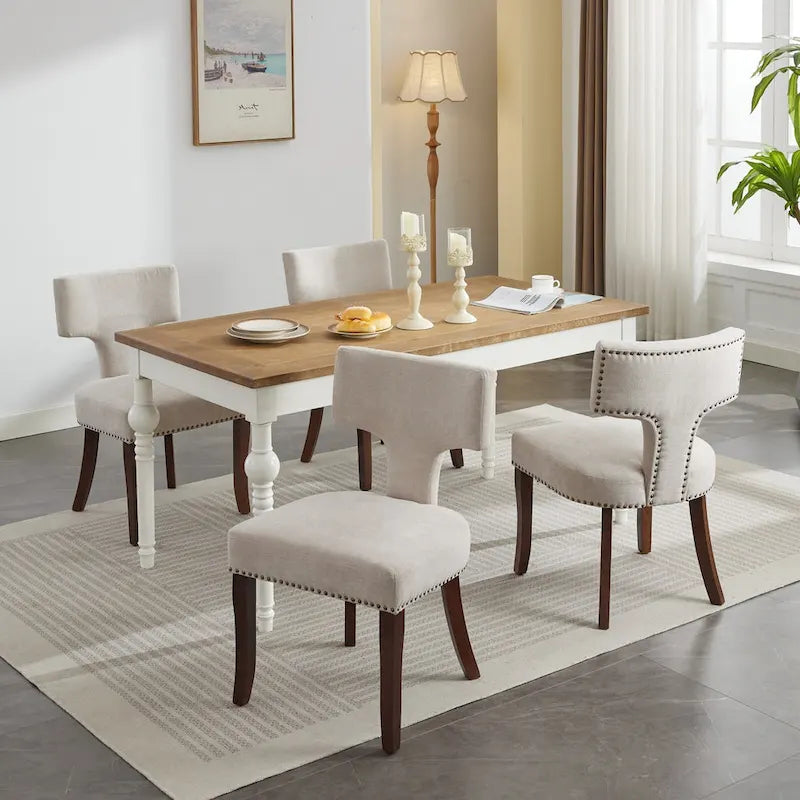 Lot de 2 Chaises de Salle à Manger Modernes, Chaise d'Appoint Rembourrée en Tissu Lin avec Dossier Incurvé et Structure en Bois d'Hévéa