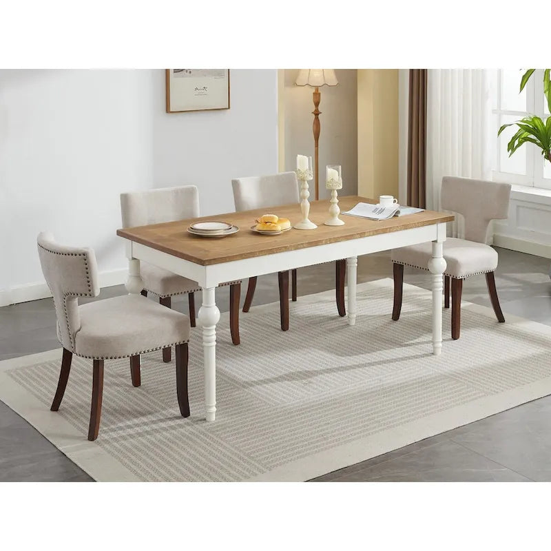 Lot de 2 Chaises de Salle à Manger Modernes, Chaise d'Appoint Rembourrée en Tissu Lin avec Dossier Incurvé et Structure en Bois d'Hévéa