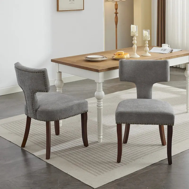 Lot de 2 Chaises de Salle à Manger Modernes, Chaise d'Appoint Rembourrée en Tissu Lin avec Dossier Incurvé et Structure en Bois d'Hévéa