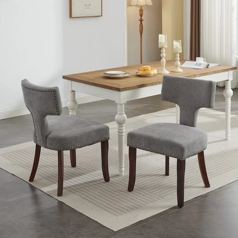 Lot de 2 Chaises de Salle à Manger Modernes, Chaise d'Appoint Rembourrée en Tissu Lin avec Dossier Incurvé et Structure en Bois d'Hévéa
