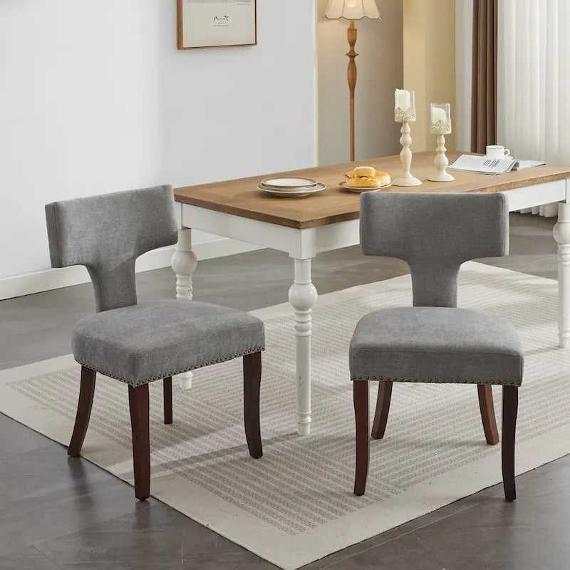 Lot de 2 Chaises de Salle à Manger Modernes, Chaise d'Appoint Rembourrée en Tissu Lin avec Dossier Incurvé et Structure en Bois d'Hévéa