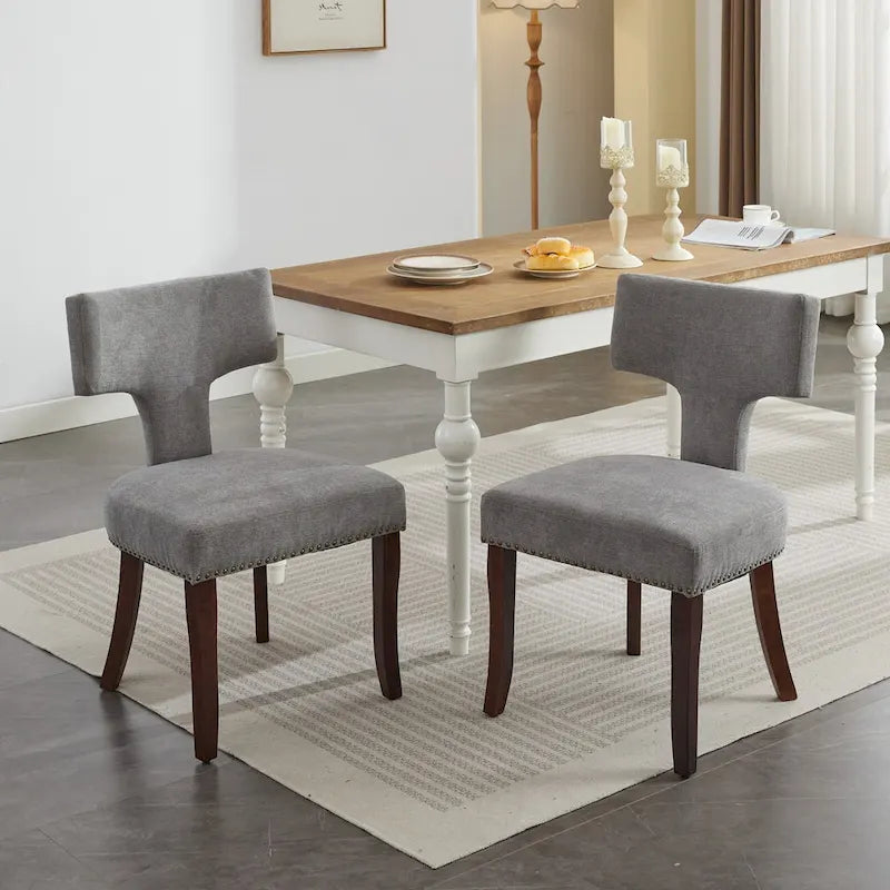Lot de 2 Chaises de Salle à Manger Modernes, Chaise d'Appoint Rembourrée en Tissu Lin avec Dossier Incurvé et Structure en Bois d'Hévéa
