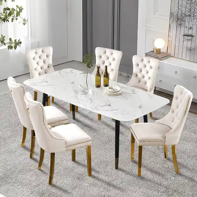 Chaise de salle à manger capitonnée en velours avec pieds en bois massif, lot de 6