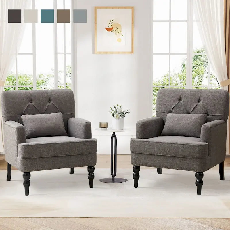 Lot de 2 fauteuils rembourrés avec boutons touffetés et oreiller lombaire beige/gris/bleu clair