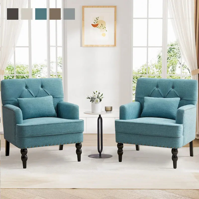 Lot de 2 fauteuils rembourrés avec boutons touffetés et oreiller lombaire beige/gris/bleu clair