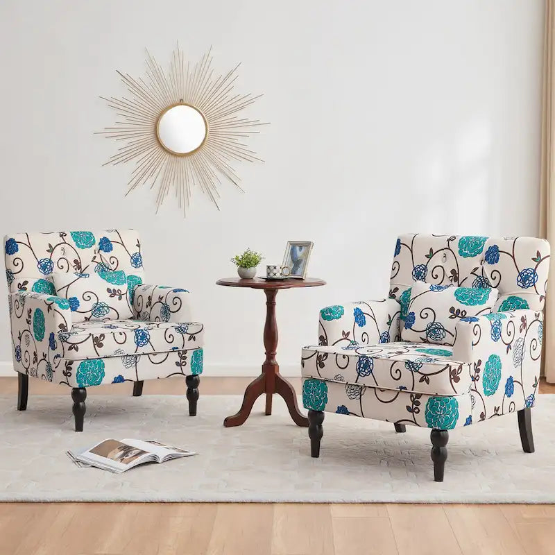 Lot de 2 fauteuils rembourrés avec boutons touffetés et oreiller lombaire beige/gris/bleu clair