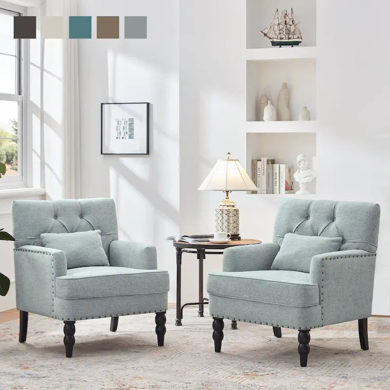 Lot de 2 fauteuils rembourrés avec boutons touffetés et oreiller lombaire beige/gris/bleu clair