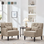 Lot de 2 fauteuils rembourrés avec boutons touffetés et oreiller lombaire beige/gris/bleu clair