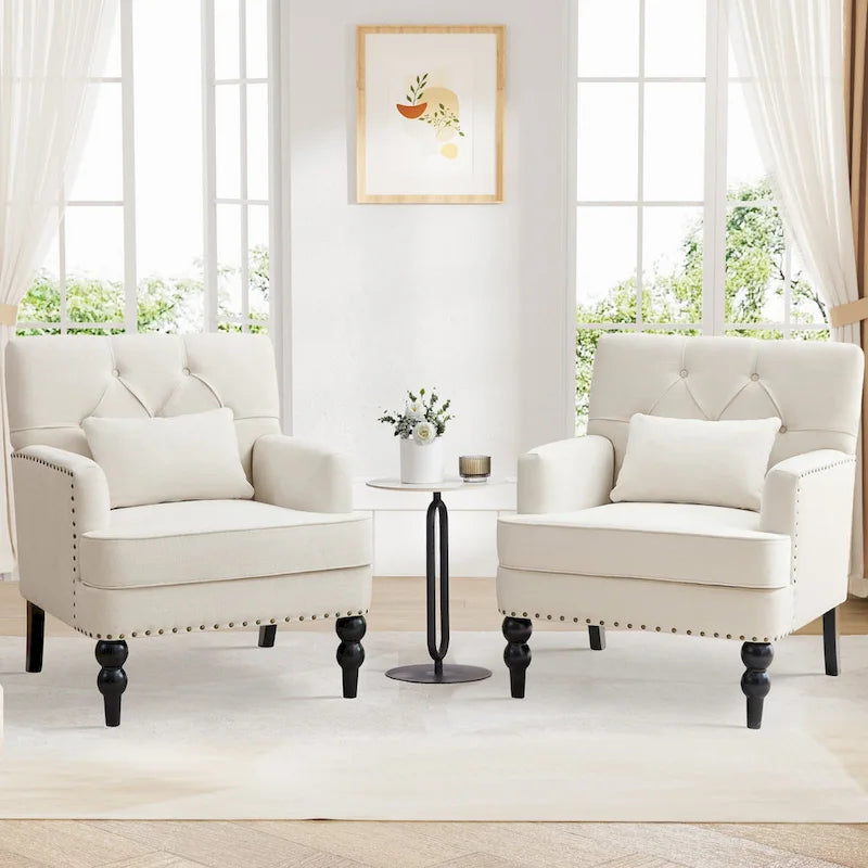 Lot de 2 fauteuils rembourrés avec boutons touffetés et oreiller lombaire beige/gris/bleu clair