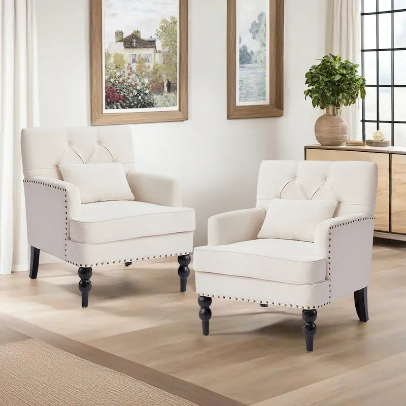 Lot de 2 fauteuils rembourrés avec boutons touffetés et oreiller lombaire beige/gris/bleu clair