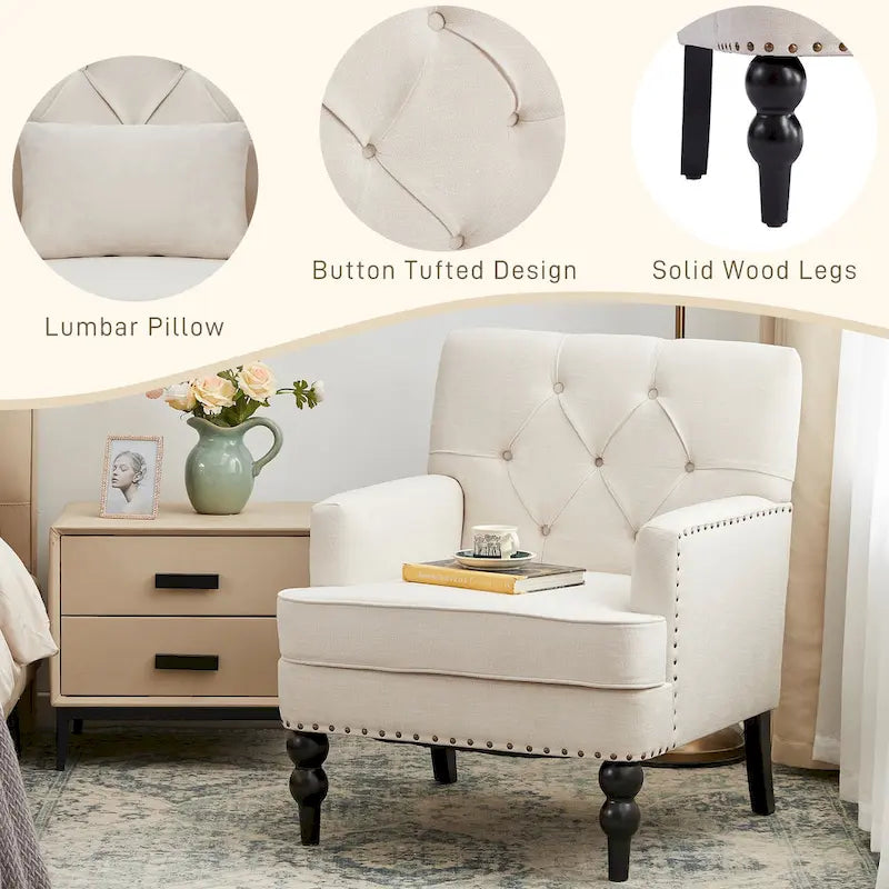 Lot de 2 fauteuils rembourrés avec boutons touffetés et oreiller lombaire beige/gris/bleu clair