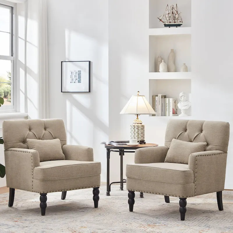 Lot de 2 fauteuils rembourrés avec boutons touffetés et oreiller lombaire beige/gris/bleu clair