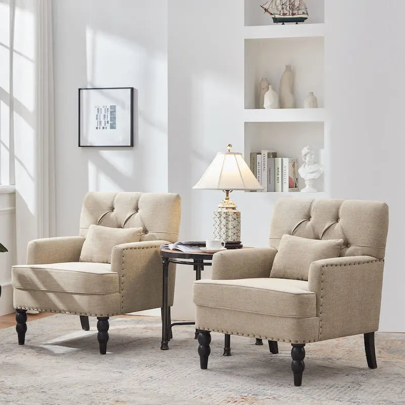 Lot de 2 fauteuils rembourrés avec boutons touffetés et oreiller lombaire beige/gris/bleu clair