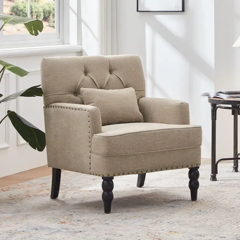 Lot de 2 fauteuils rembourrés avec boutons touffetés et oreiller lombaire beige/gris/bleu clair