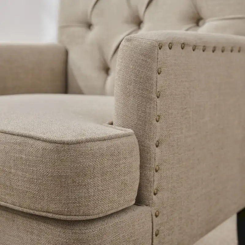 Lot de 2 fauteuils rembourrés avec boutons touffetés et oreiller lombaire beige/gris/bleu clair