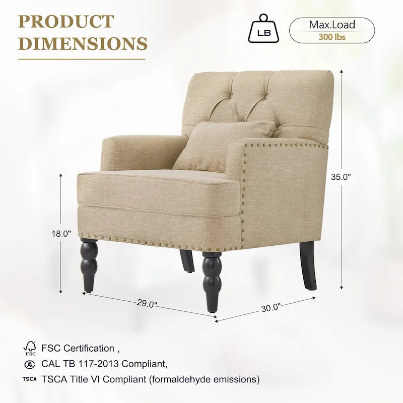 Lot de 2 fauteuils rembourrés avec boutons touffetés et oreiller lombaire beige/gris/bleu clair