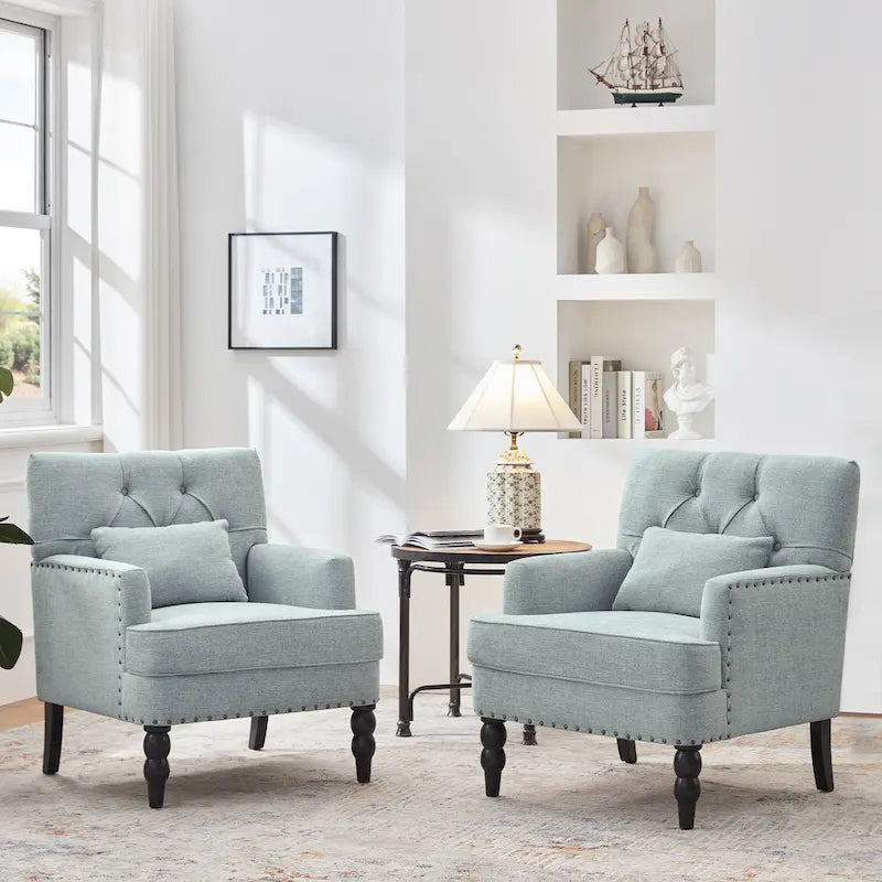 Lot de 2 fauteuils rembourrés avec boutons touffetés et oreiller lombaire beige/gris/bleu clair