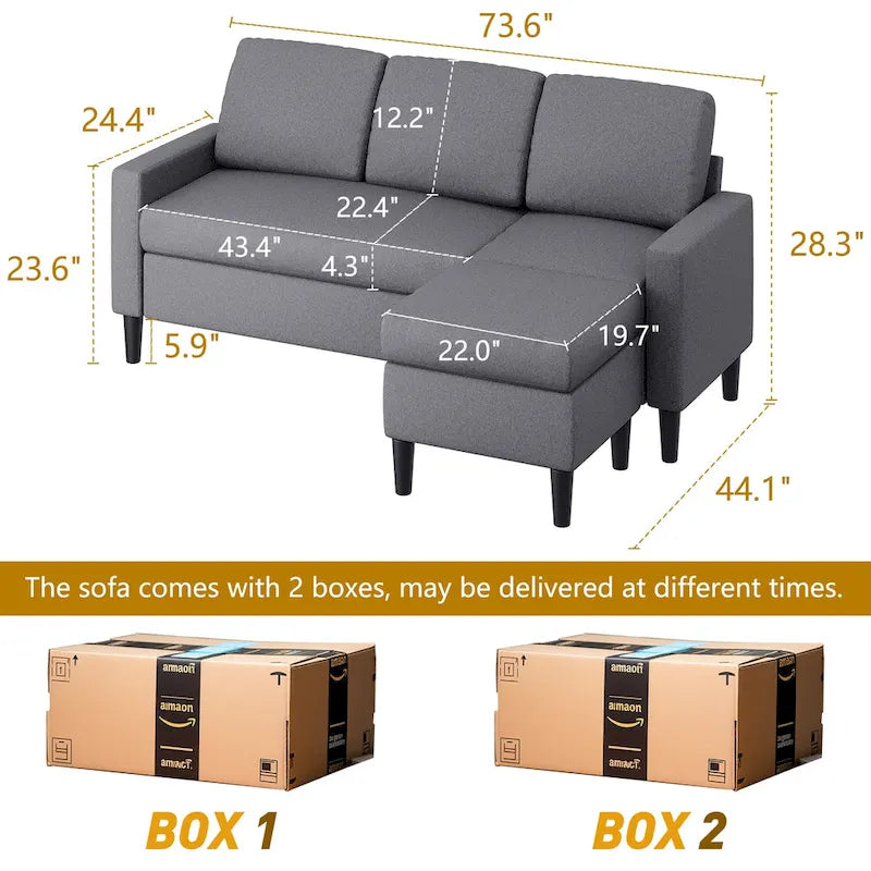 Canapé d'angle modulable 74", Petit canapé en L