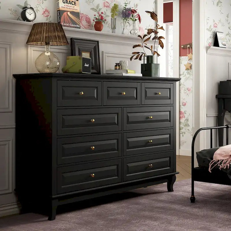 Commode de ferme à 3 tiroirs avec motif d'anneau en bois artisanal
