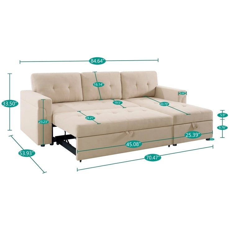 Canapé d'angle réversible avec lit gigogne, méridienne de rangement, pieds durables,
