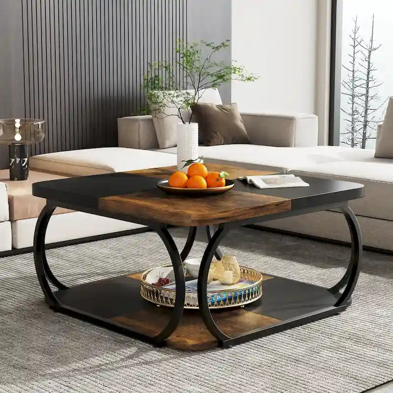 Square 2-Tier Coffee Table with Storage Shelf, 39 inches Low Farmhouse Wood Coffee Table for Modern Living Room
