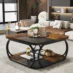 Table basse carrée à 2 niveaux avec étagère de rangement, table basse de ferme en bois de 99 cm pour salon moderne