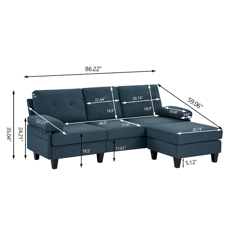 Canapé d'angle en forme de L de 86,22 po avec poches de rangement latérales