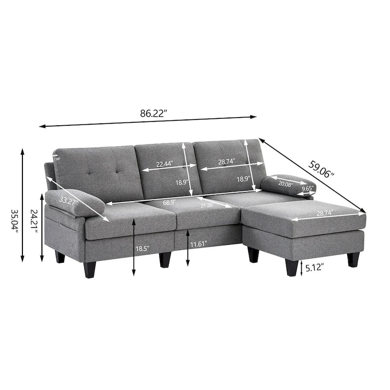 Canapé d'angle en forme de L de 86,22 po avec poches de rangement latérales