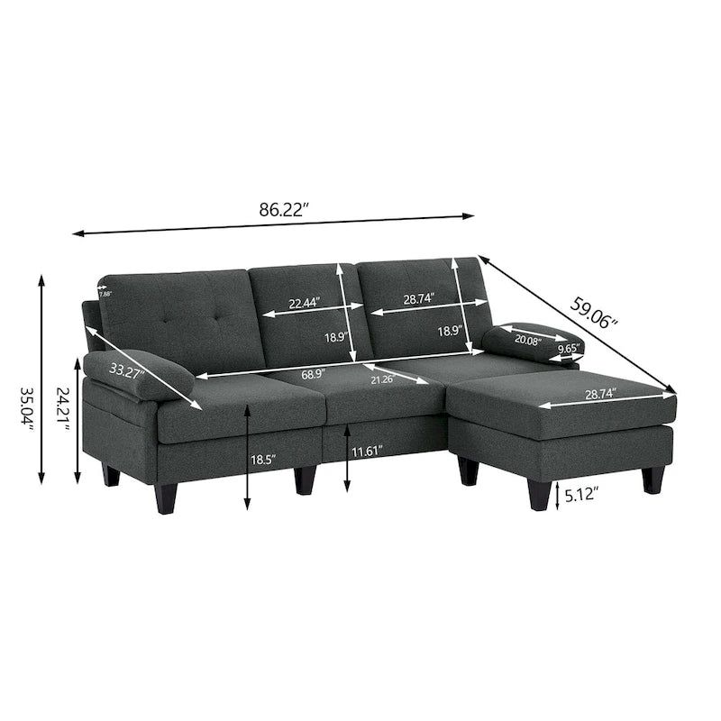 Canapé d'angle en forme de L de 86,22 po avec poches de rangement latérales
