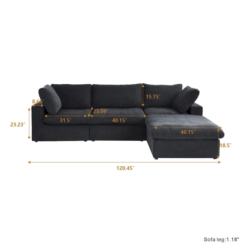 Canapé d'angle surdimensionné en duvet noir avec pouf