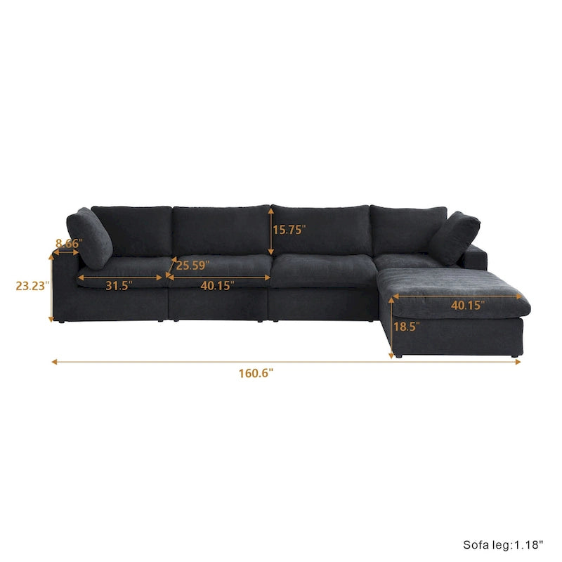 Canapé d'angle surdimensionné en duvet noir avec pouf