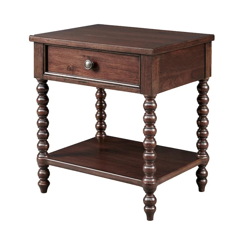 Table de chevet Beckett en bois tourné avec tiroir et étagère
