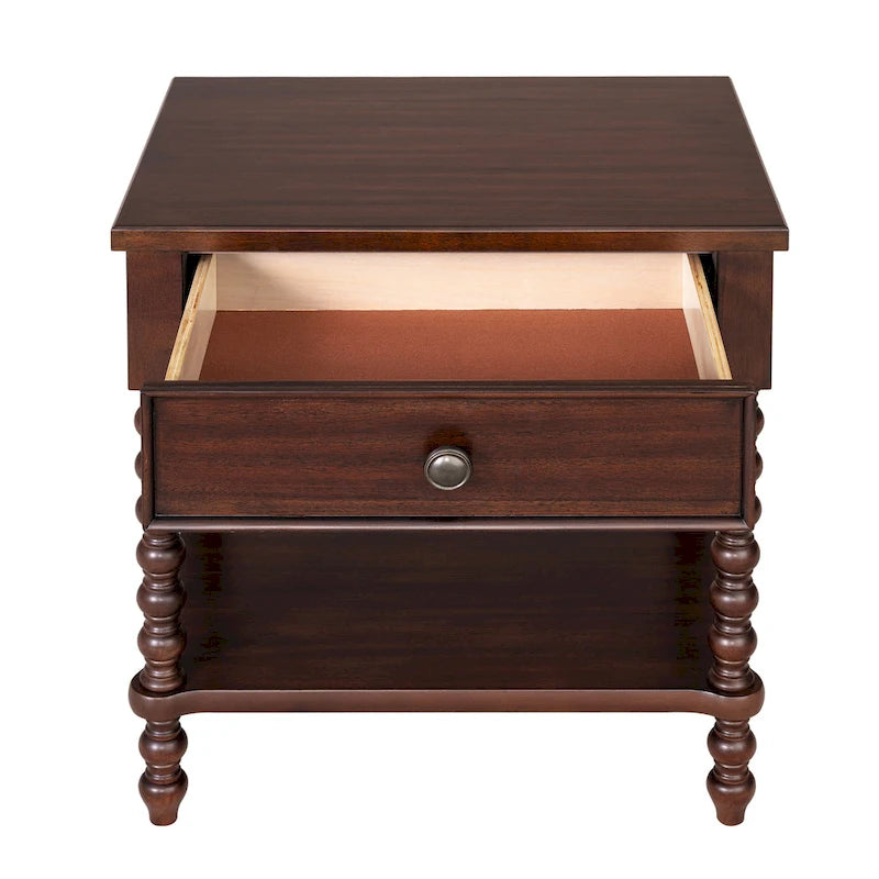 Table de chevet Beckett en bois tourné avec tiroir et étagère