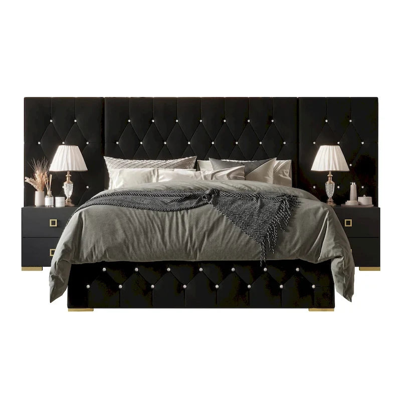 Ensemble 3 pièces de chevets de chambre à coucher et lit plateforme capitonné en velours luxueux