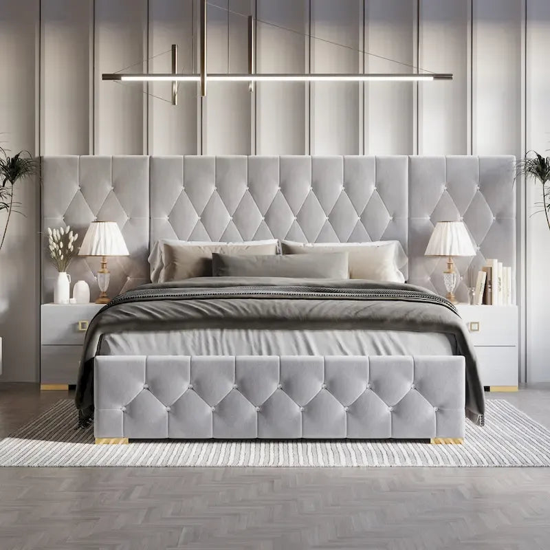 CraftPorch 3 Piece Bedroom Nightstands Set Luxurious Velvet Tufted Platform Bed