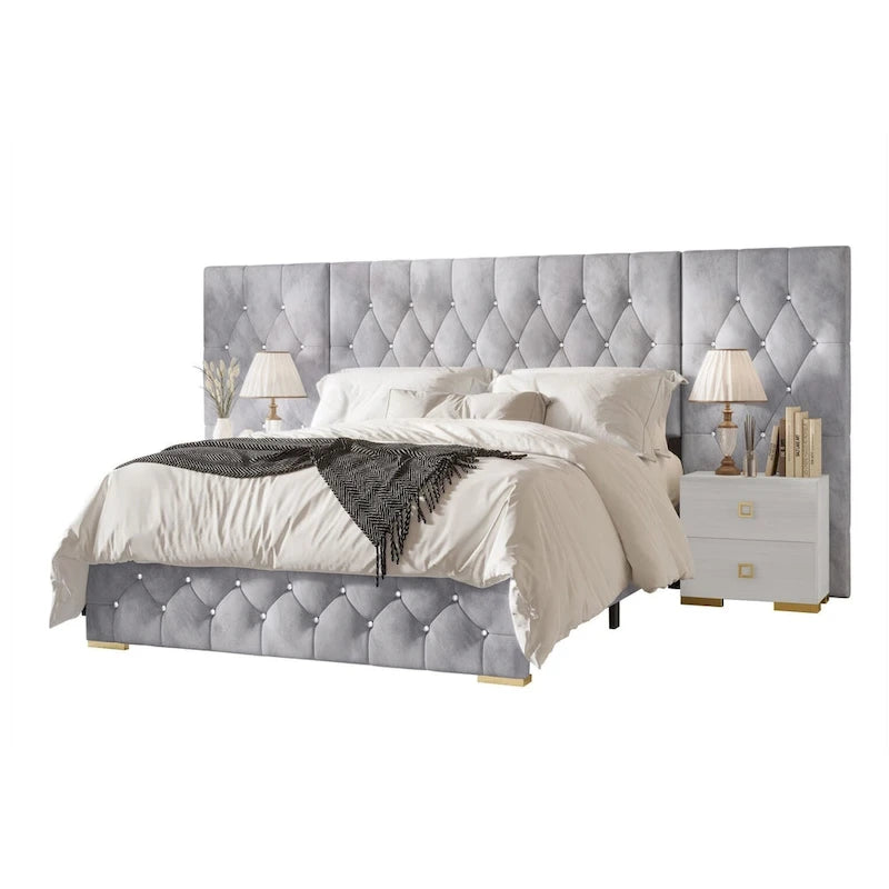 Ensemble 3 pièces de chevets de chambre à coucher et lit plateforme capitonné en velours luxueux