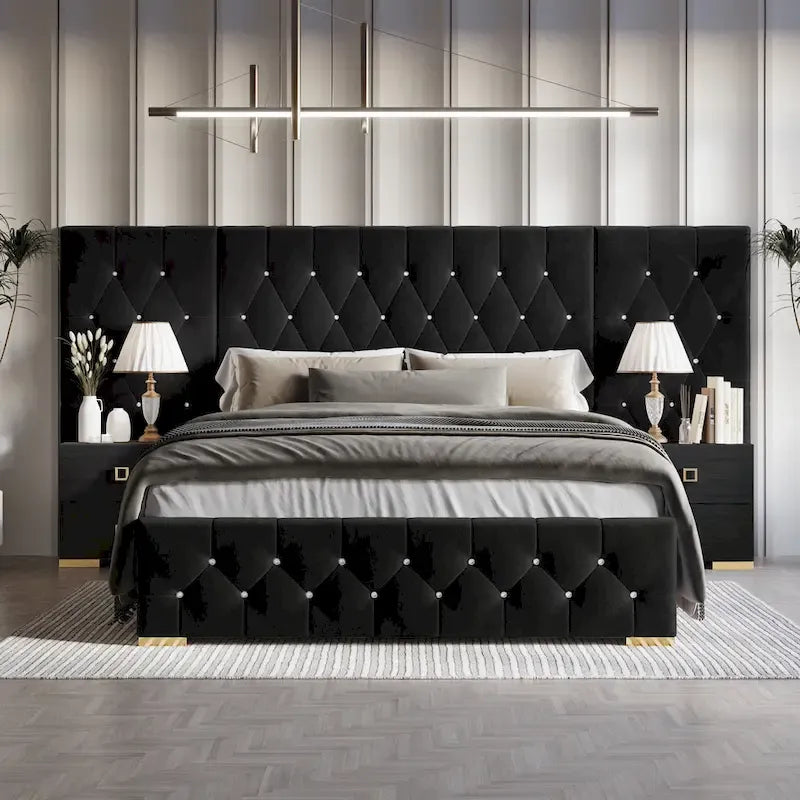 Ensemble 3 pièces de chevets de chambre à coucher et lit plateforme capitonné en velours luxueux