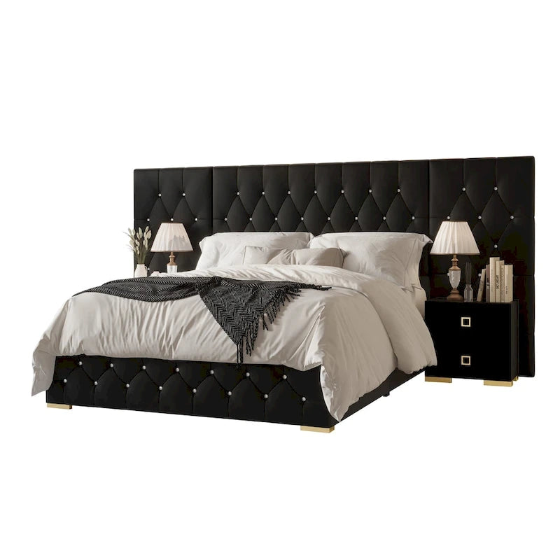 Ensemble 3 pièces de chevets de chambre à coucher et lit plateforme capitonné en velours luxueux
