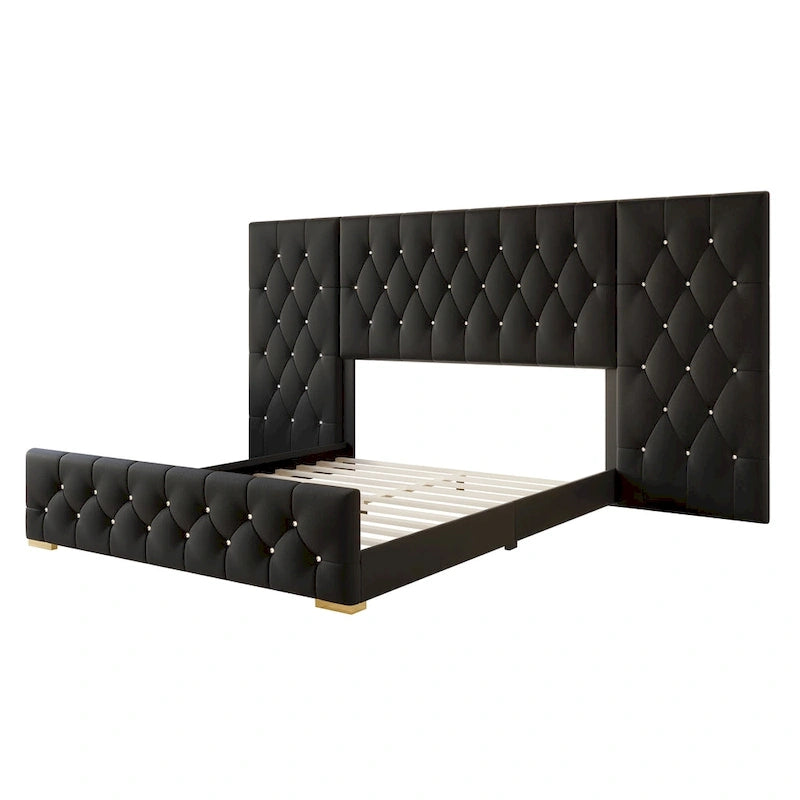 Ensemble 3 pièces de chevets de chambre à coucher et lit plateforme capitonné en velours luxueux