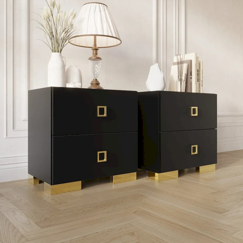 Ensemble 3 pièces de chevets de chambre à coucher et lit plateforme capitonné en velours luxueux