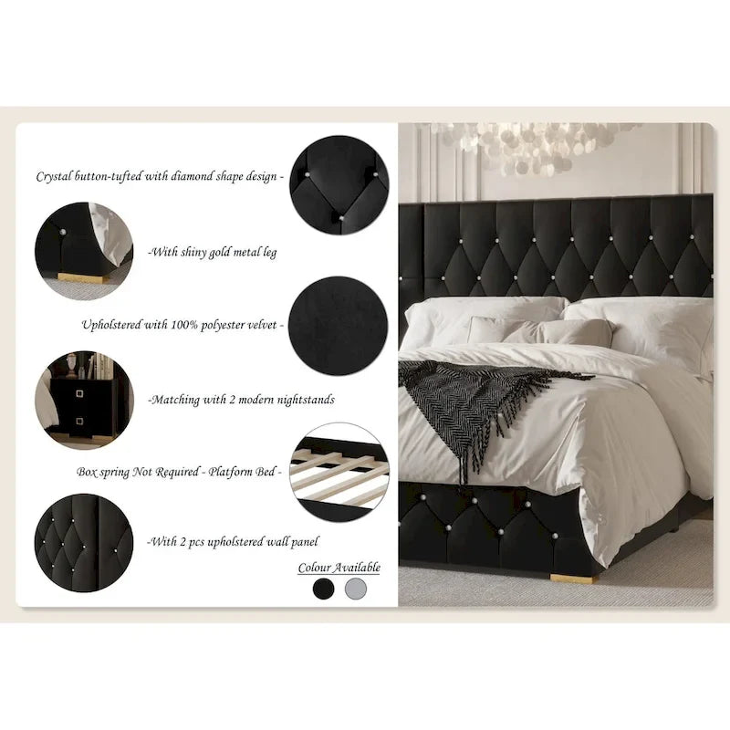 Ensemble 3 pièces de chevets de chambre à coucher et lit plateforme capitonné en velours luxueux