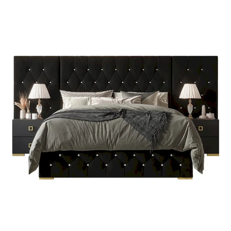 Ensemble 3 pièces de chevets de chambre à coucher et lit plateforme capitonné en velours luxueux