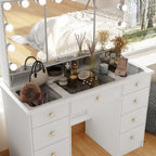 Coiffeuse avec miroir triptyque éclairage certifié et plateau en verre
